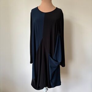 Sun Kim Black Teal Color Block Draped Pocket Long Sleeve Tunic Dress EUC Size M